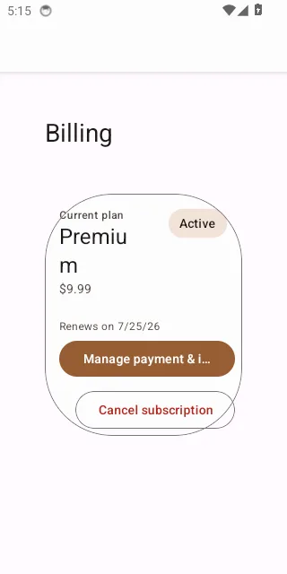 The mobile Subscription & billing screen showing the current plan, status, renewal date, and the manage/cancel buttons