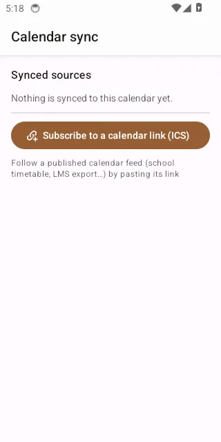 The mobile Calendar sync screen: the Latte calendar picker, the Synced sources list, and the Subscribe to a calendar link (ICS) entry