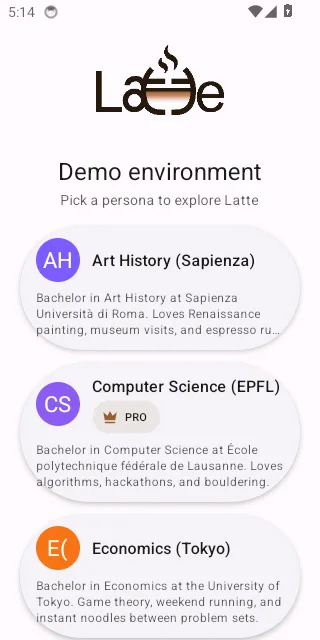 The mobile persona grid after entering the demo key, with tappable persona cards