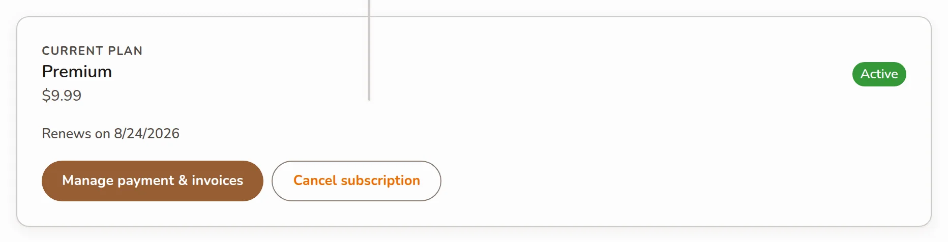 The Billing page card showing current plan, status, renewal date, and the Manage payment & invoices and Cancel subscription buttons