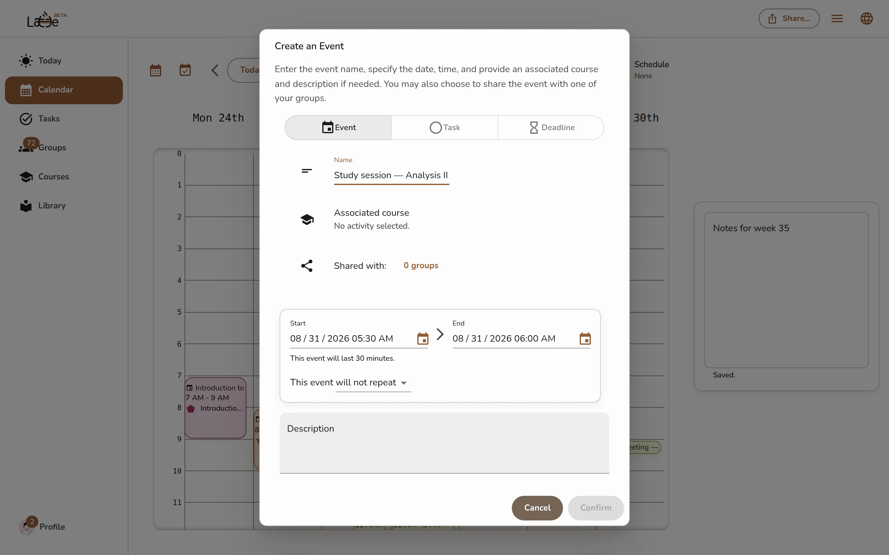 The full Create an Event dialog (reached via the quick-create popover's More options) with a name, date, and time filled in