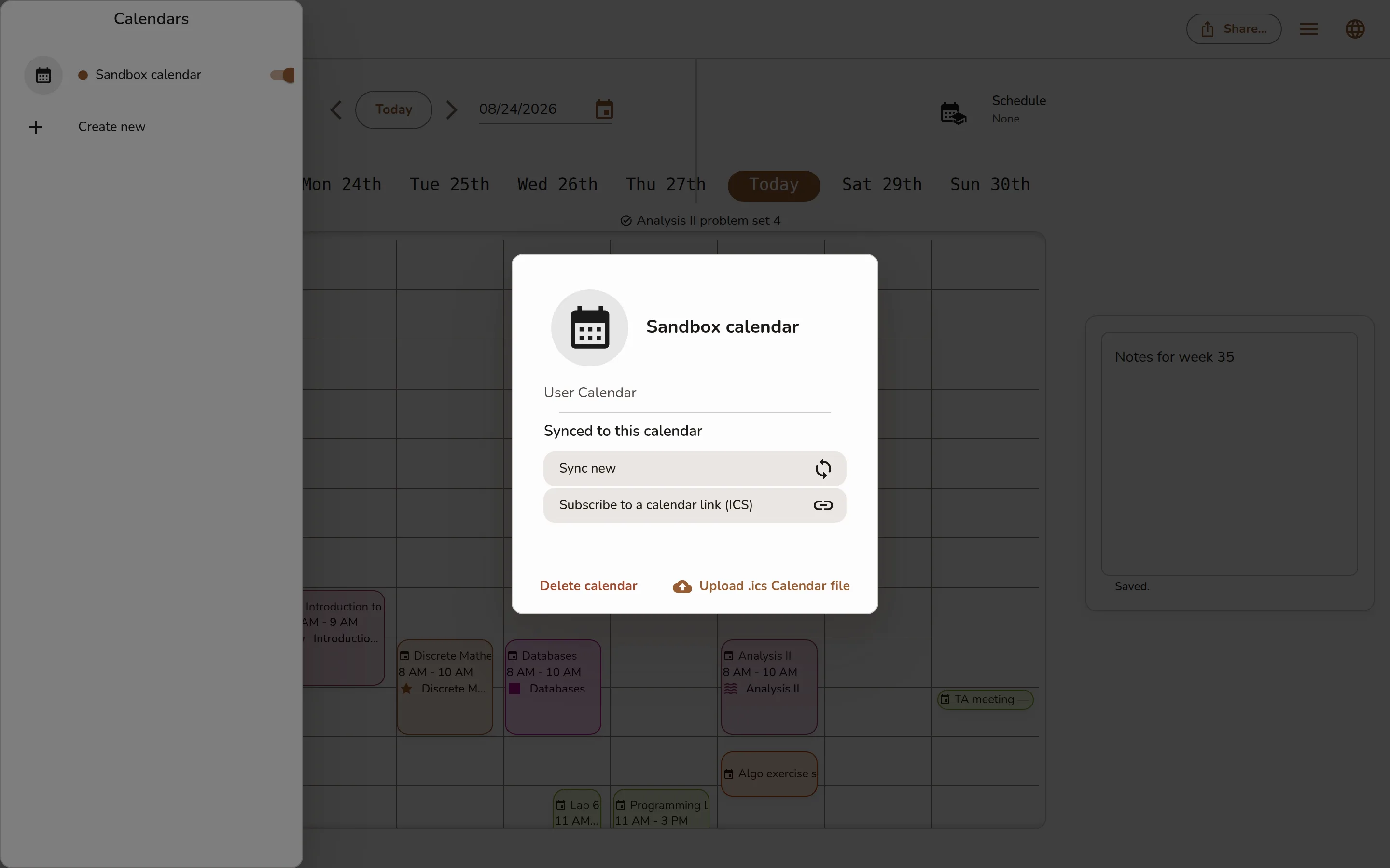 A calendar's settings dialog showing the Import events from .ics action, the synced-calendars section, and the Delete calendar button