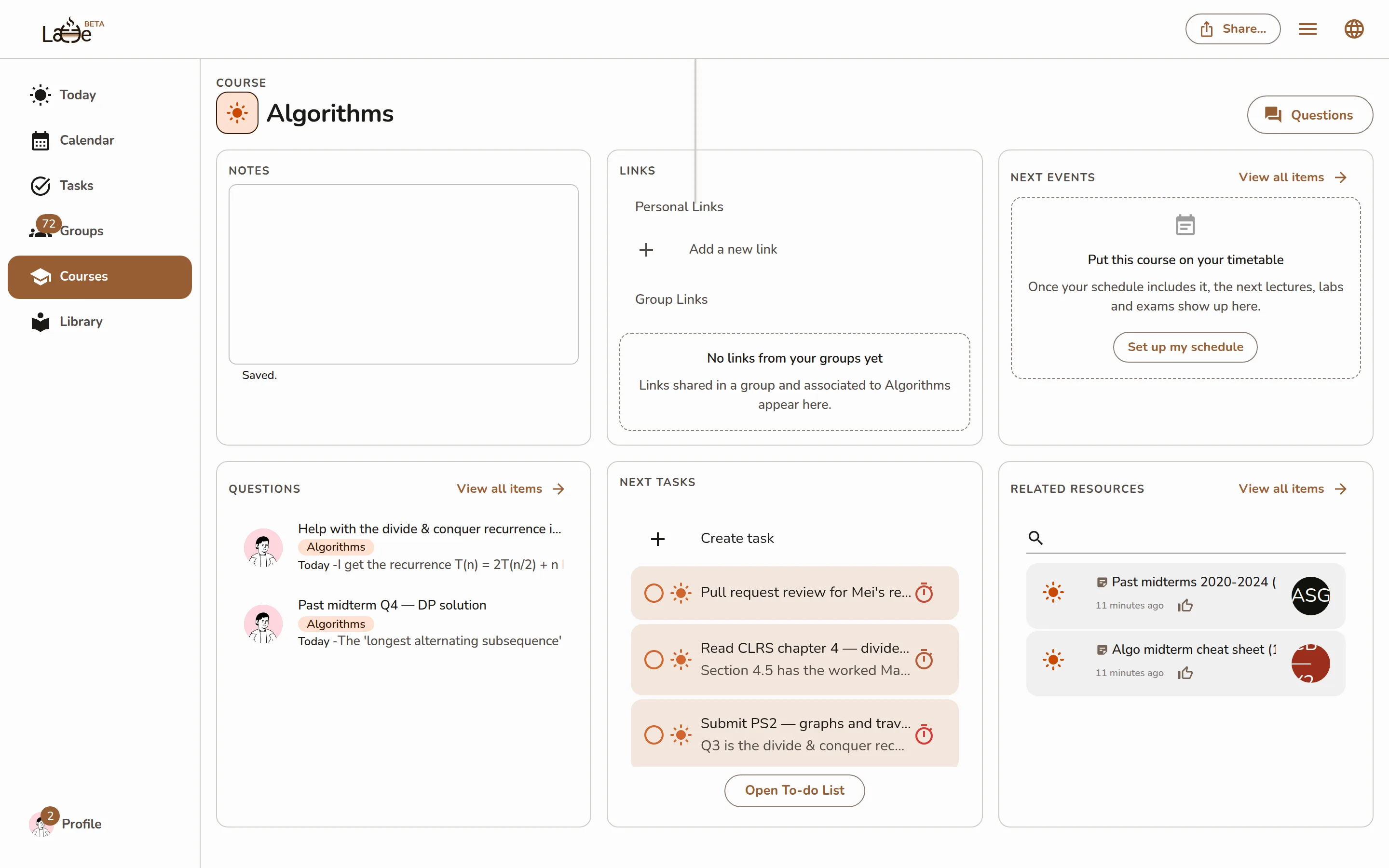 A course dashboard showing its panels — Notes, Links, Next events, Related discussions, Next tasks, and Related resources