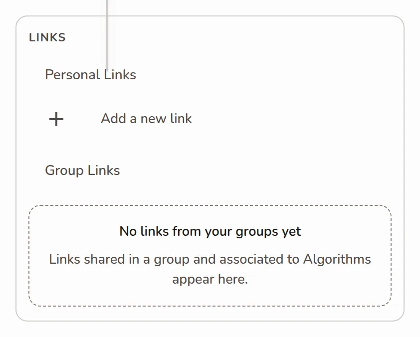 The Links panel on a course dashboard showing the Personal Links and Group Links sections