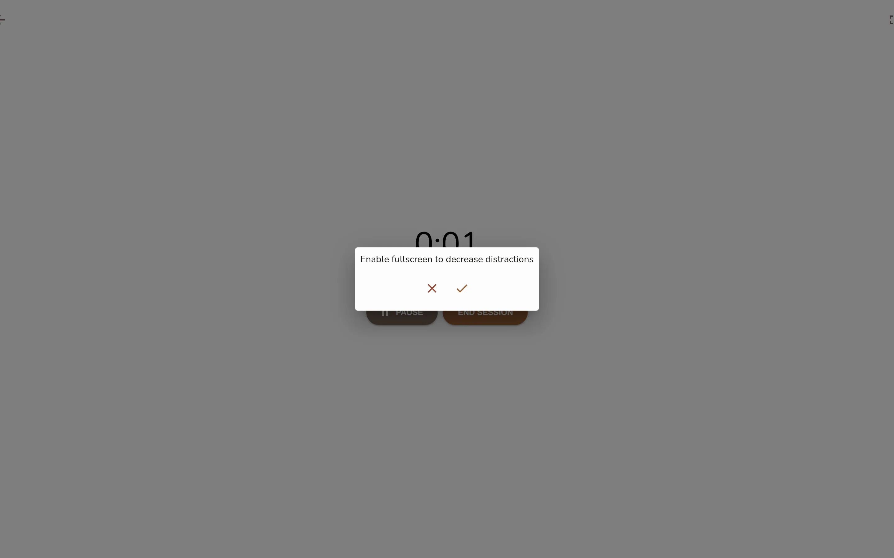 The full-screen focus surface just after starting: the task under "Focusing on", the large count-up with "focused so far" beneath, and the top-right Go fullscreen toggle.

