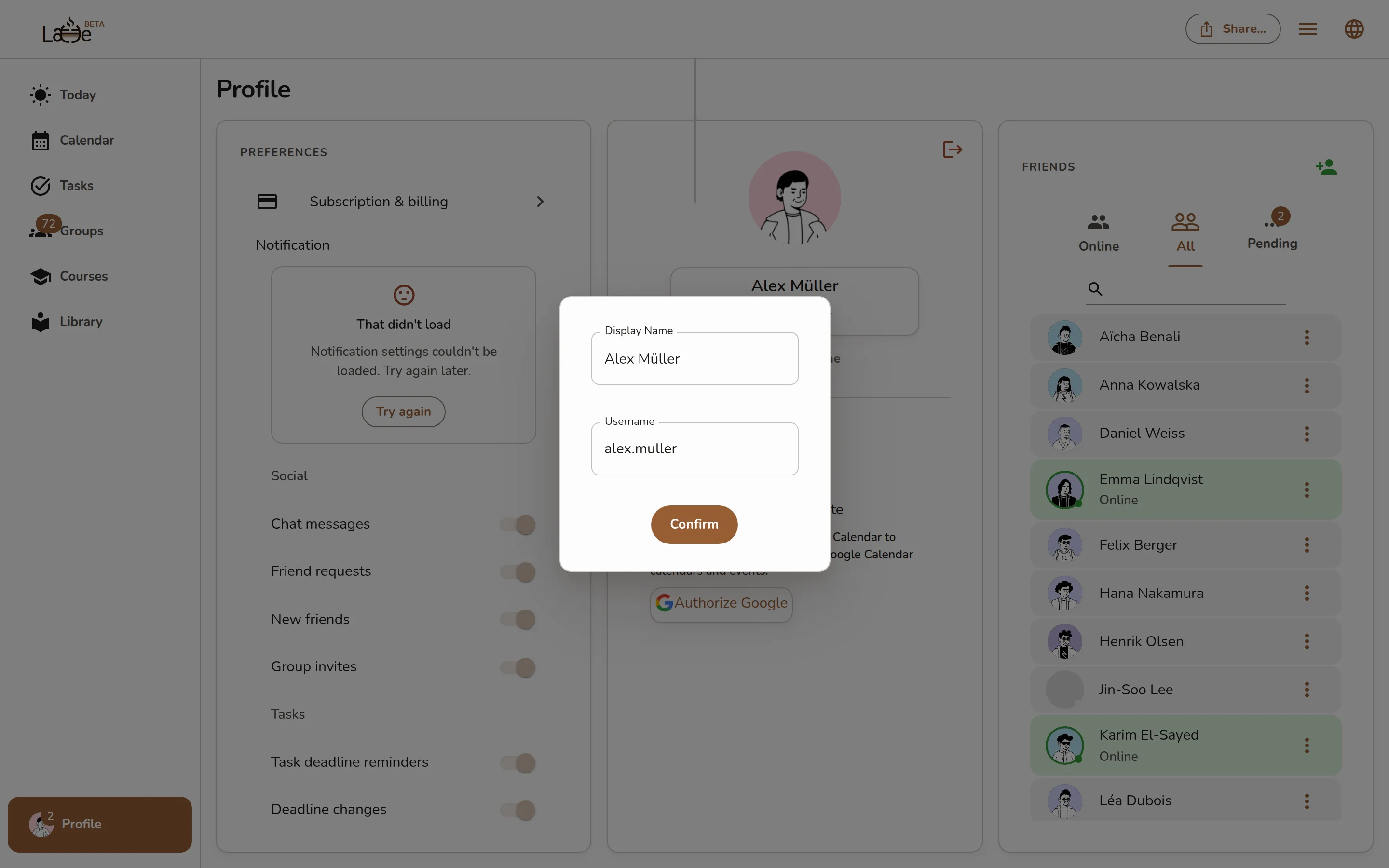 The profile name edit dialog with the Display Name and Username fields filled in