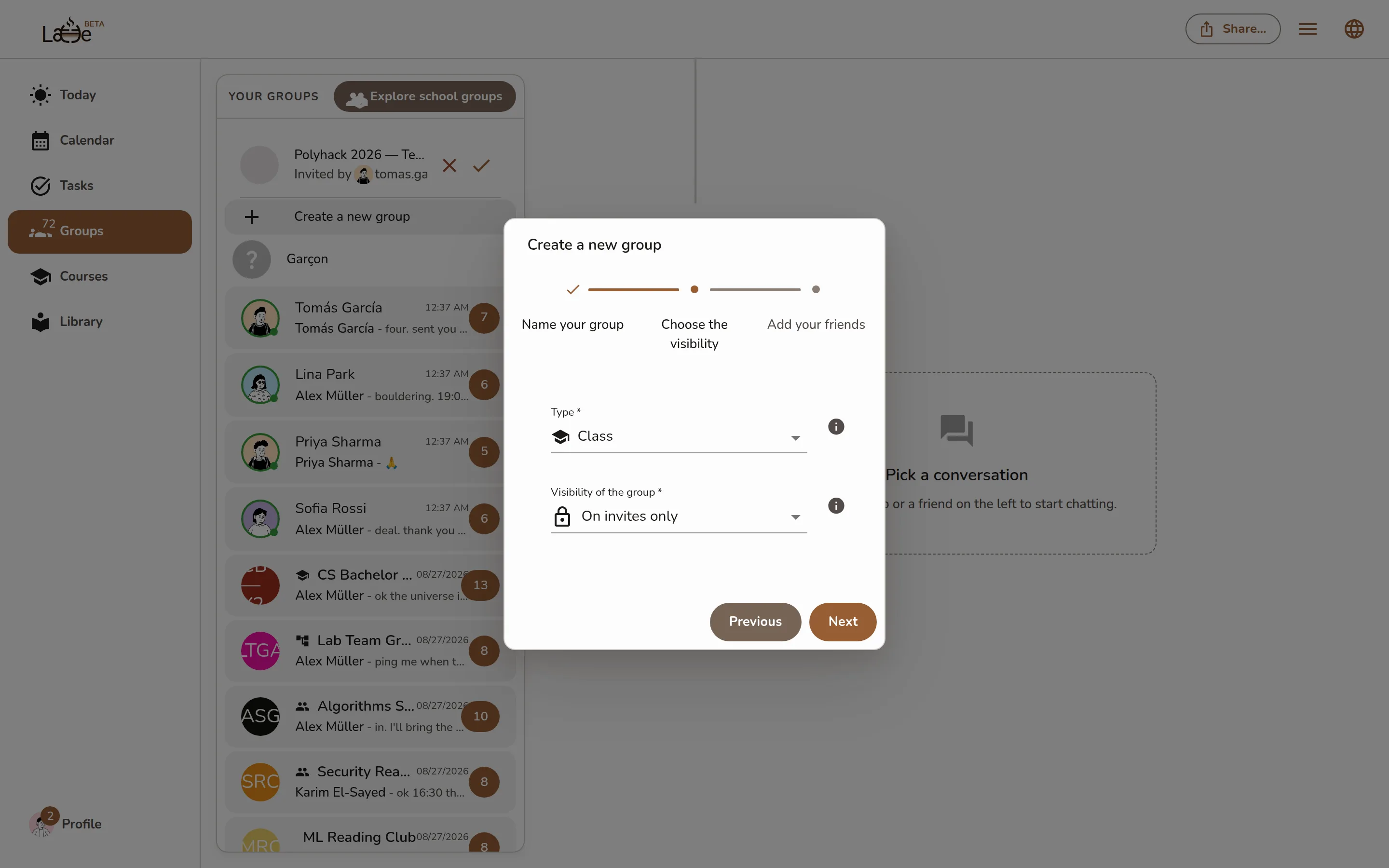 The group creation dialog on the Choose the visibility step, showing On invites only and Anyone from the specified school