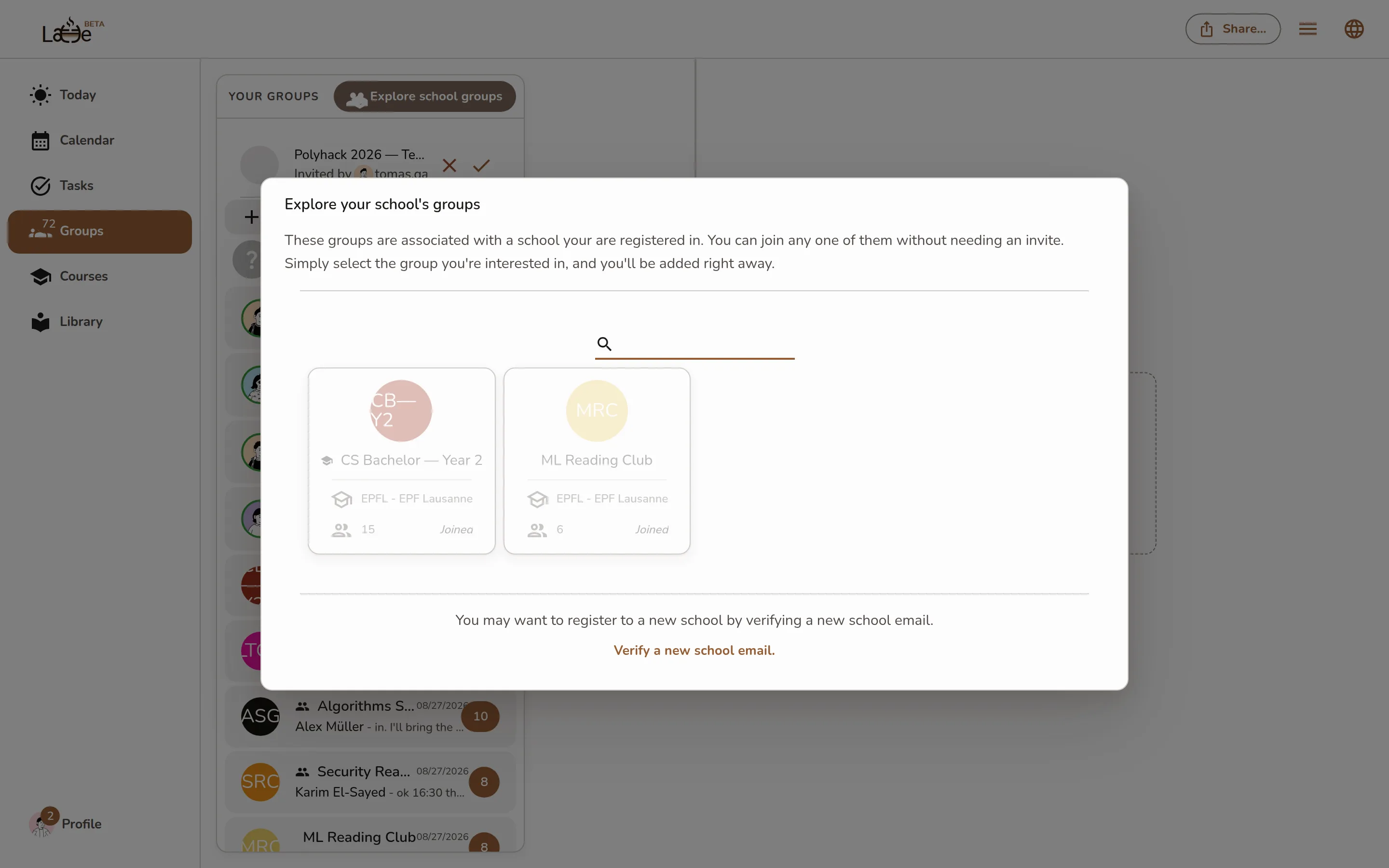 The Explore your school's groups dialog listing joinable public groups, each with a Join button