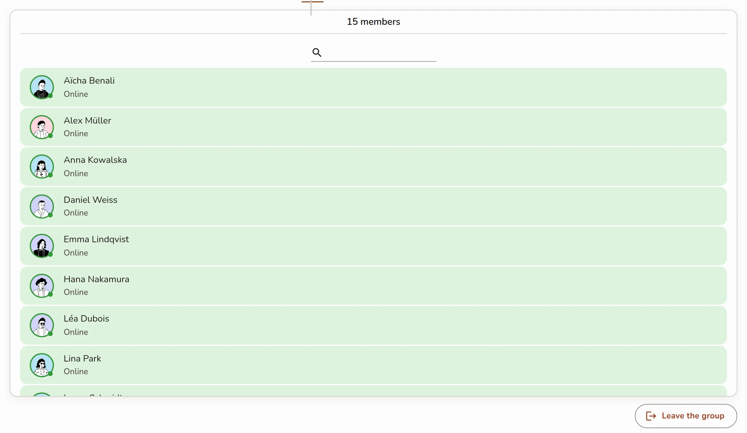 The group space Members tab listing members, with the header's member and online counts above it