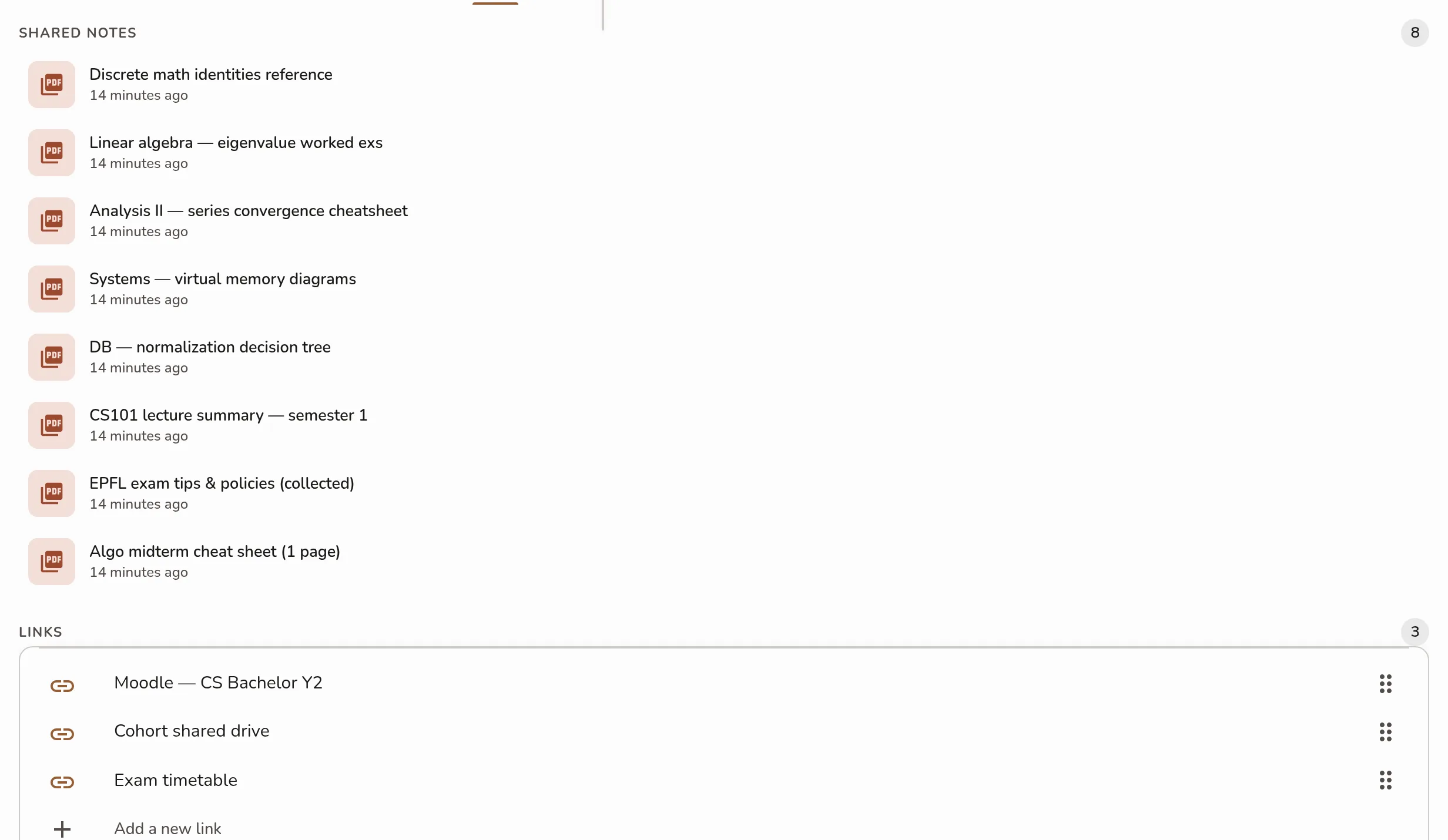 The group space Resources tab with its Shared notes, Links, and Discussions sections, each with a count chip