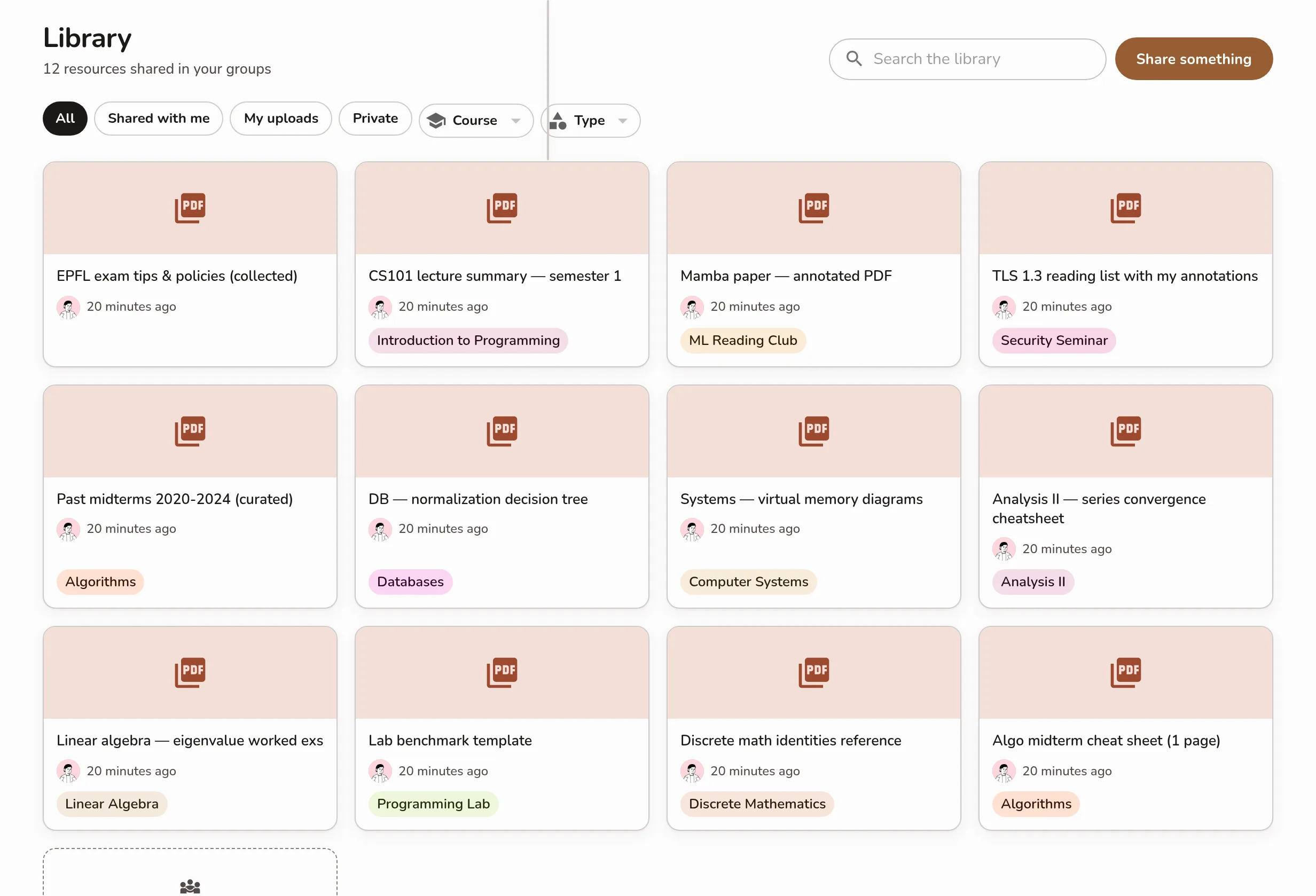 The Library — search box and Share something in the header, the All / Shared with me / My uploads / Private scope chips with the Course and Type filter chips, and the card grid with its New this week section