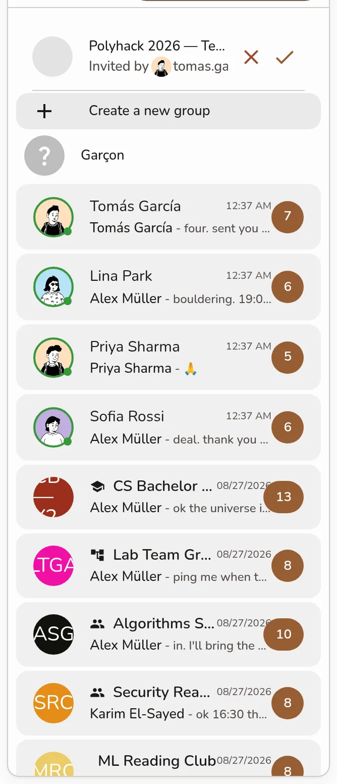 The Groups rail showing the conversation list with an unread-message count badge on a group row