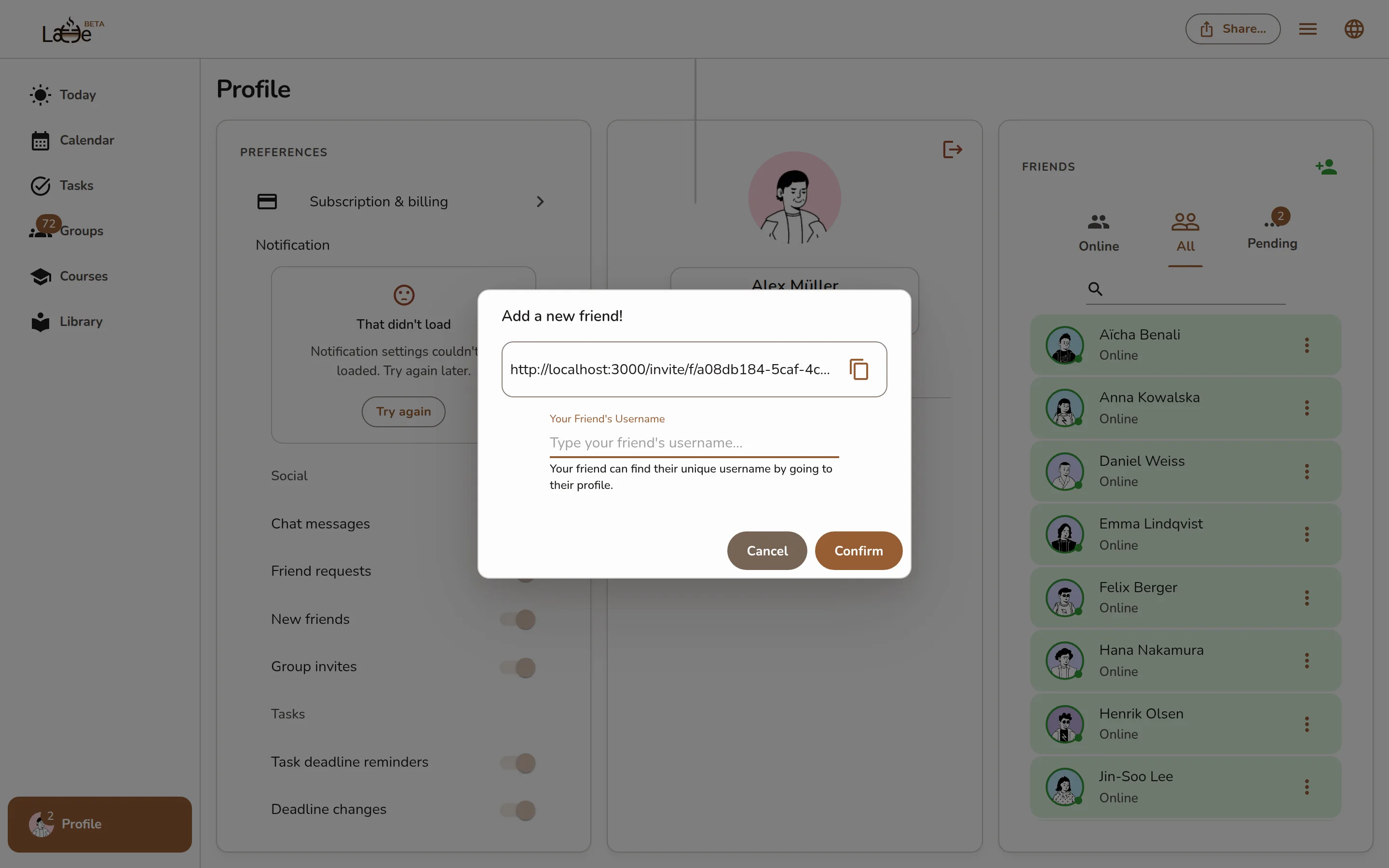 The Add a new friend! dialog with the invite link and the username field