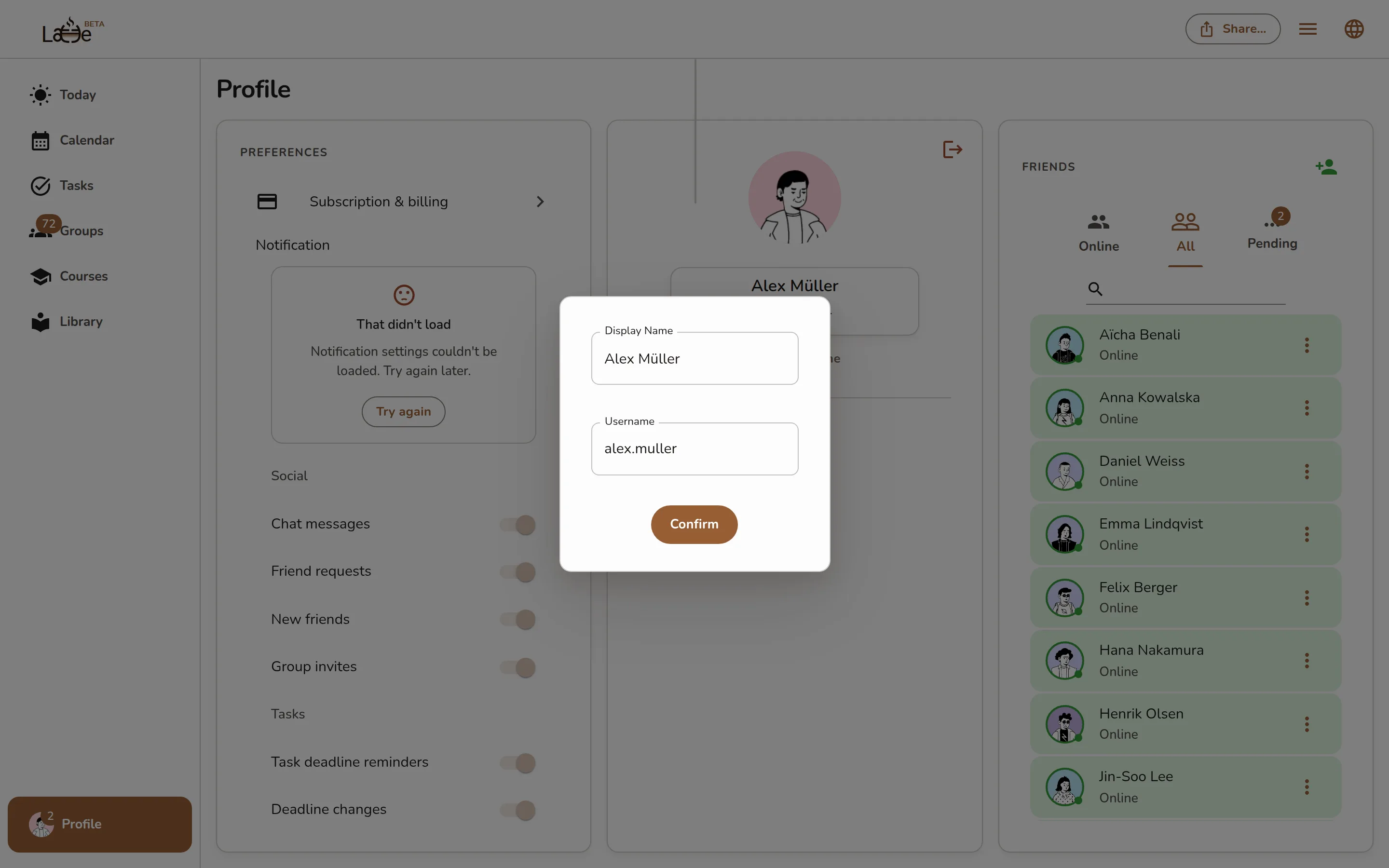 The edit dialog with the Display Name and Username fields and the Confirm button
