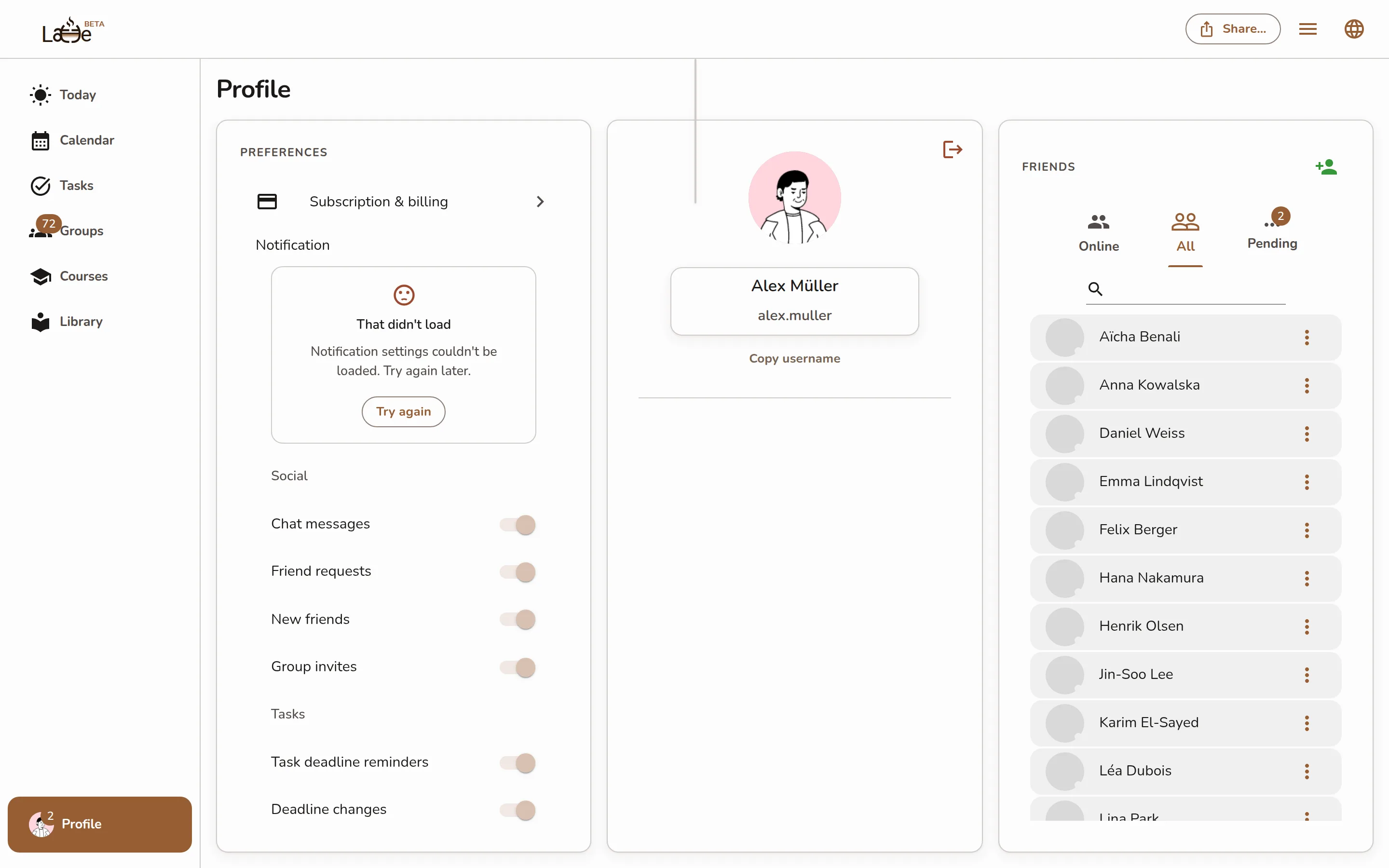 The profile page with the avatar, name/username card, and friends panel