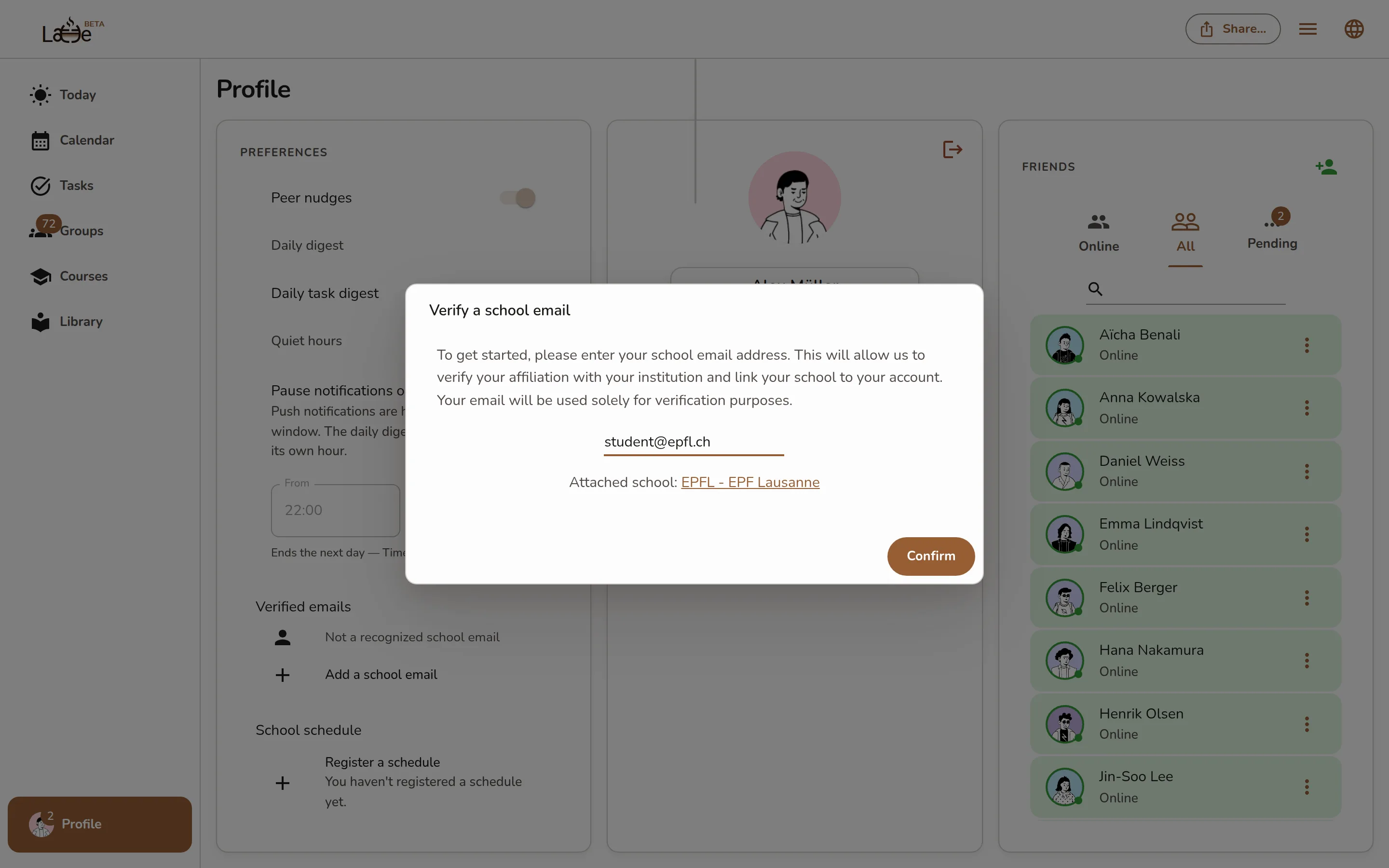 The Verify a school email dialog with the email field and the recognized school